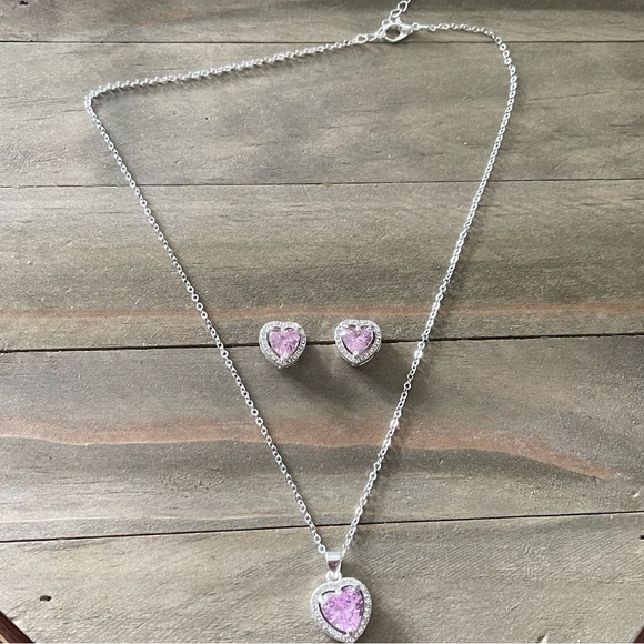 Pink Cubic Zirconia Heart 3 Piece Jewelry Set Pendant Silver Necklace Earrings - Picture 6 of 14